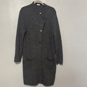 J Jill Herringbone Copley Topper Sweater Coat Cardigan Black Gray Wool Blend L